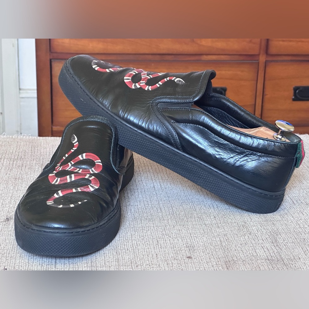 Gucci Snake Design Black Leather Men’s Slip-On Sneakers Size 12 G - Picture 5 of 13